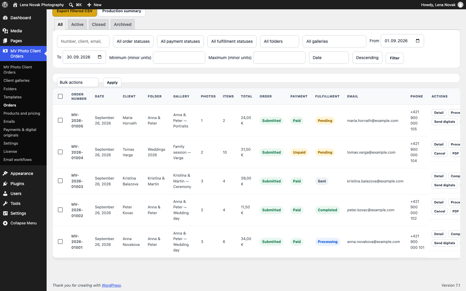 WordPress admin: the Orders list and an order detail