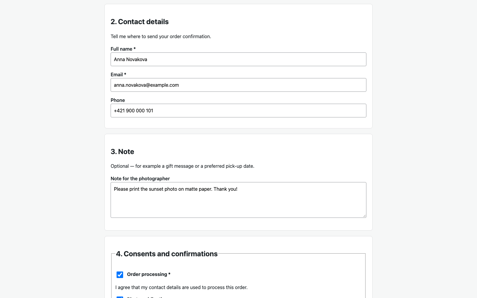 Client checkout: contact details, note and consents