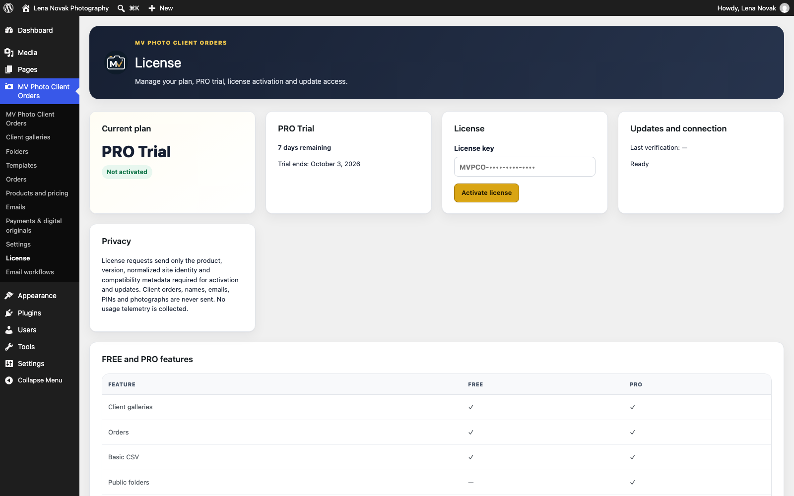 WordPress admin: the License screen showing the PRO trial