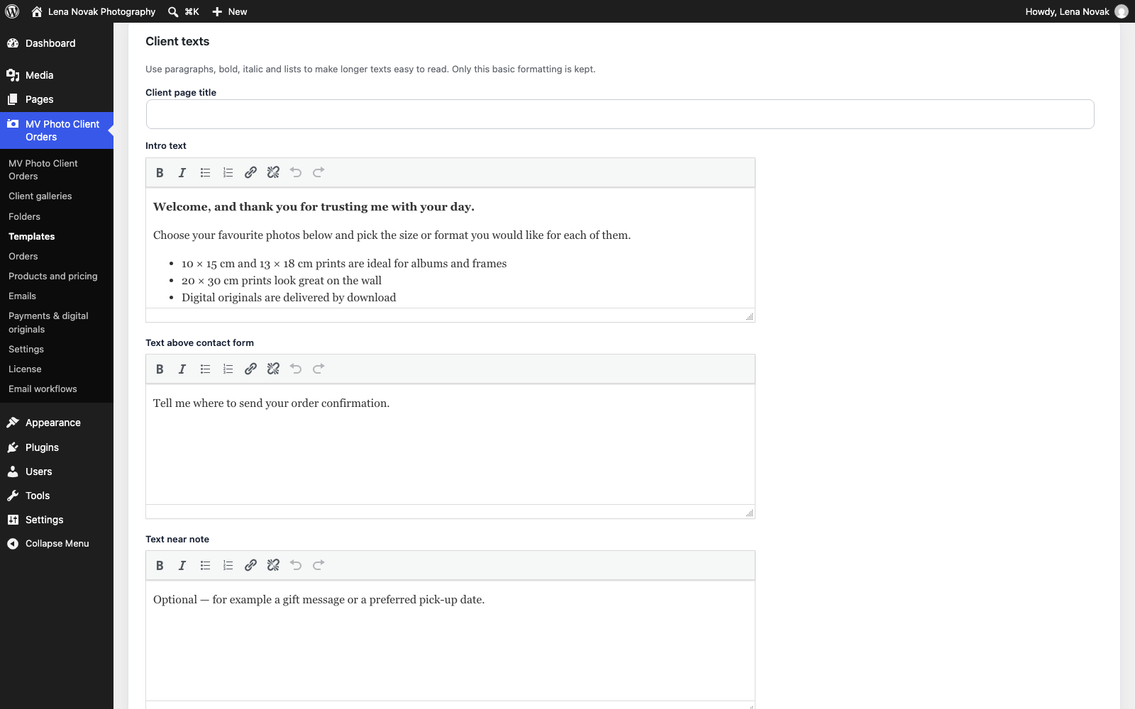 WordPress admin: the template editor