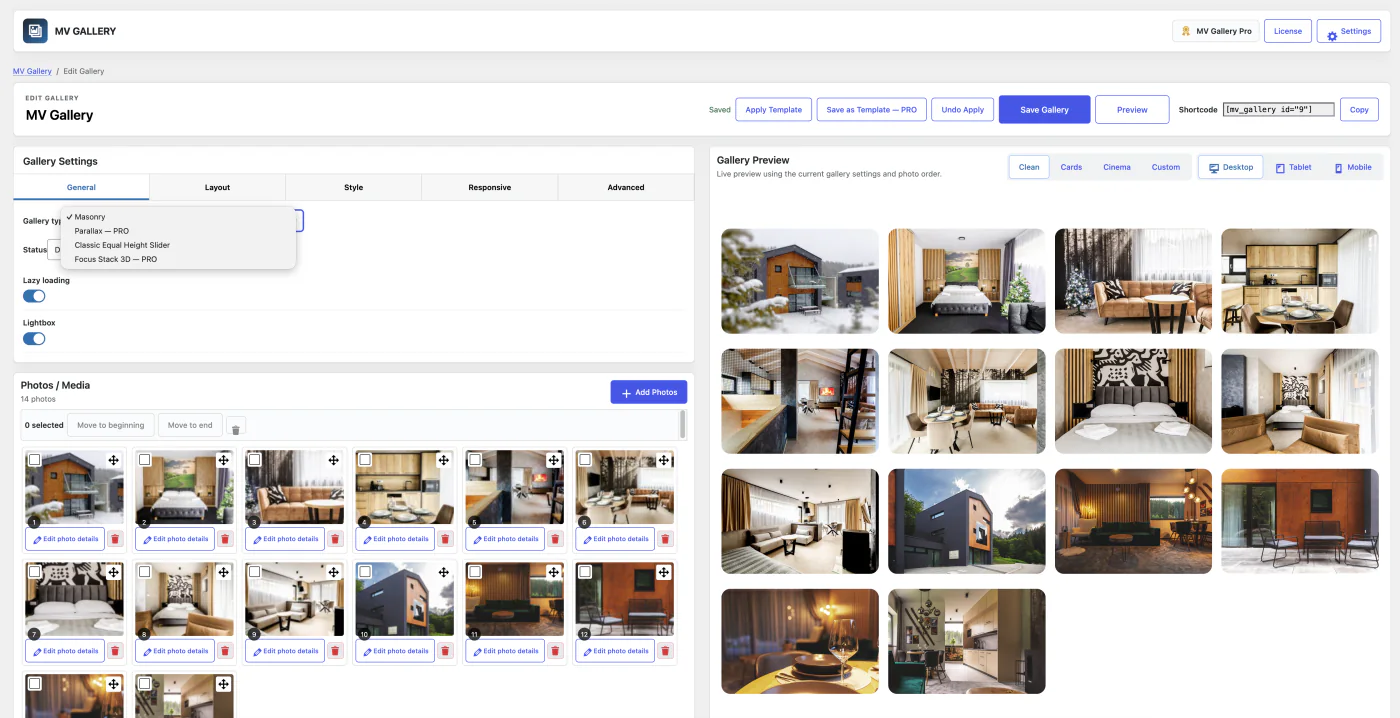 MV Gallery WordPress gallery editor with layout settings, the photo list and a live gallery preview