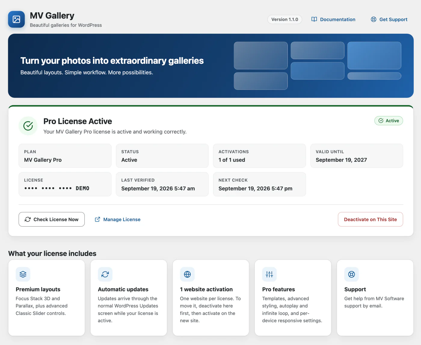 MV Gallery license screen showing an active Pro license with plan, status, activations and a masked license key